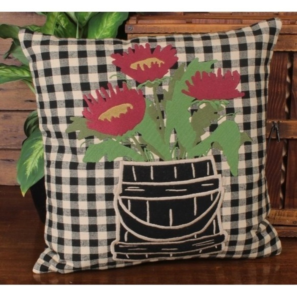 Primitive Flowers in Firkin Pillow Black Plaid Red Flowers 14"‎ Square Raghu NEW